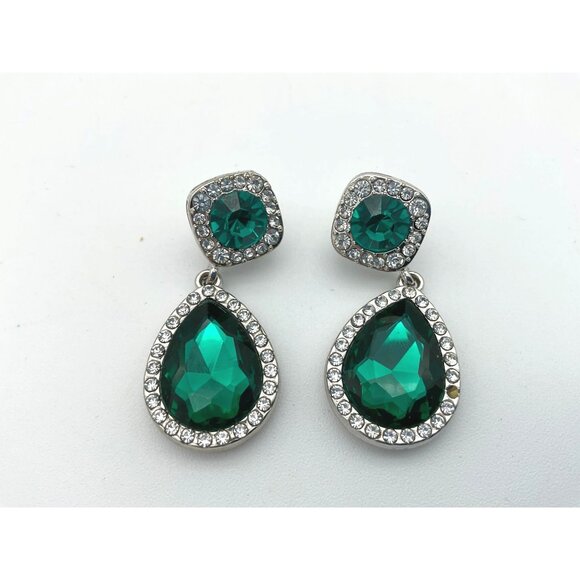 Formal Dangle Drop Rhinestone Bordered Green Faceted Square Teardrop Earrings - Picture 3 of 5